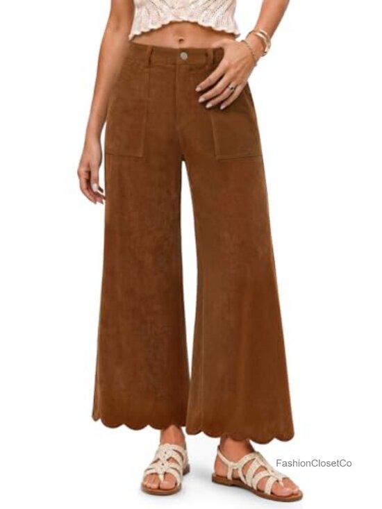 Pants - Corduroy Wide Leg Pants with Pockets High Waist Scalloped Hem